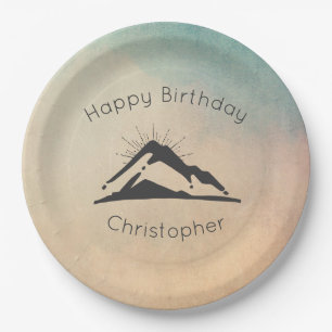 Berg met zonnestralen Happy Birthday Papieren Bordje