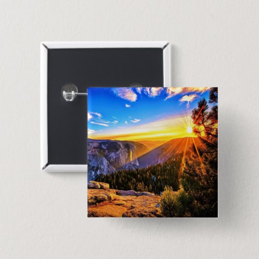 Berg met zonsopgang vierkante button 5,1 cm (Voorkant /achterkant)