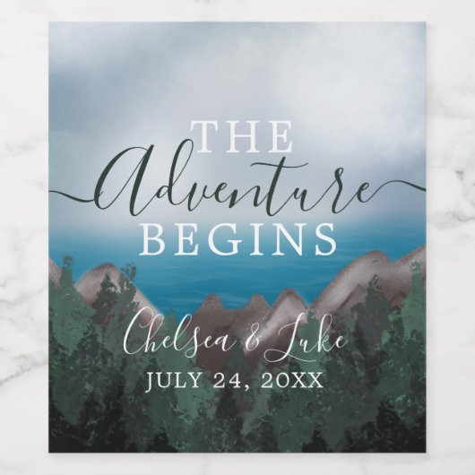 Berg ontmoet oceaan Het avontuur begint bruiloft Wijn Etiket (Enkel label)