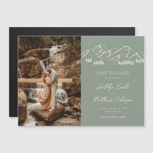 Berg Outdoor Sage Groene Bruiloft Sla de datum op Magnetische Uitnodiging (Voorkant / Achterkant)
