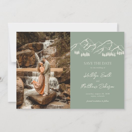 Berg Outdoor Sage Groene Bruiloft Sla de datum op Magnetische Uitnodiging (Voorkant)