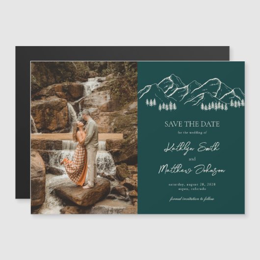 Berg Outdoor Sage Groene Bruiloft Sla de datum op Magnetische Uitnodiging (Voorkant / Achterkant)