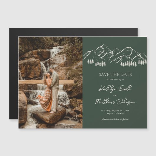 Berg Outdoor Sage Groene Bruiloft Sla de datum op Magnetische Uitnodiging (Voorkant / Achterkant)