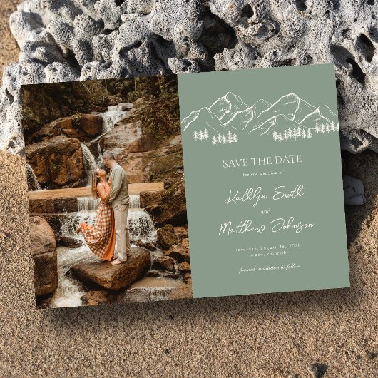 Berg Outdoor Sage Groene Bruiloft Sla de datum op Magnetische Uitnodiging