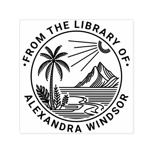 Berg Palmboom Strand Zon Bibliotheek Boeknaam Zelfinktende Stempel (Design)