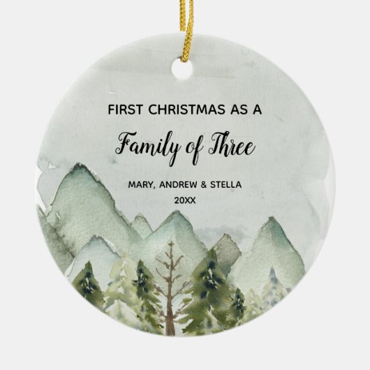 Berg Pine Trees Kerstmis als familie van drie Keramisch Ornament (Voorkant)