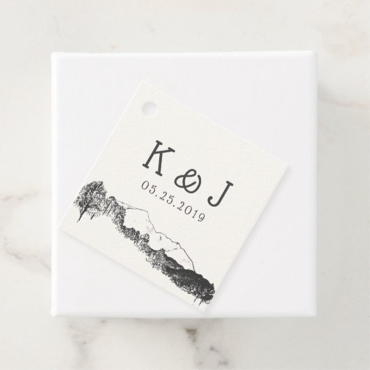 Berg retraite rustieke bruiloft monogram bedankjes labels (In situ)