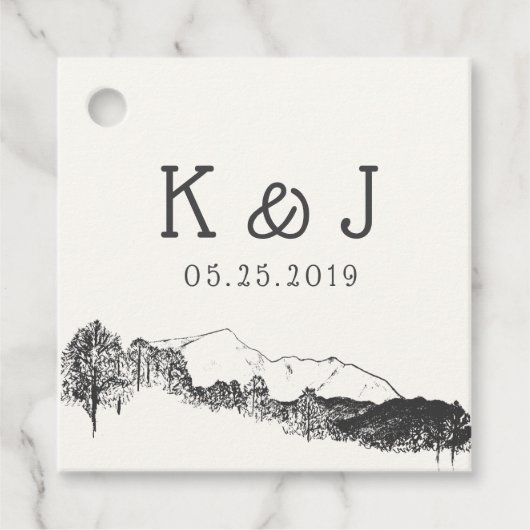 Berg retraite rustieke bruiloft monogram bedankjes labels (Voorkant)