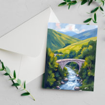 Berg Rivier Brug Groen Aquarel Natuurkaart