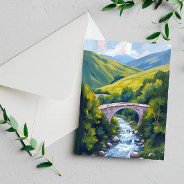 Berg Rivier Brug Groen Aquarel Natuurkaart