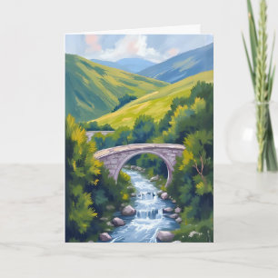 Berg Rivier Brug Groen Watercolor Landschap Kaart