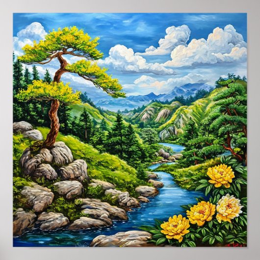 Berg Rivier Schilderachtig Rustige Natuur Landscha Poster (Voorkant)