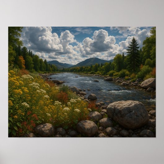 Berg Rivier Wilde Bloemen Landschap Poster (Voorkant)