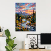 Berg Rivier Zonsondergang Landschap Poster (Thuiskantoor)