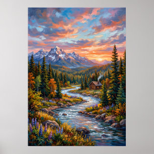Berg Rivier Zonsondergang Landschap Poster