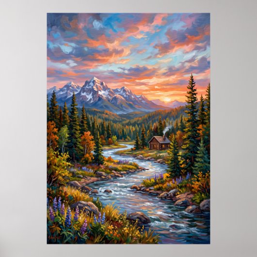 Berg Rivier Zonsondergang Landschap Poster (Voorkant)