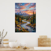 Berg Rivier Zonsondergang Landschap Poster (Keuken)