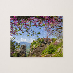 Berg rock en roze kersenboom bloesem legpuzzel