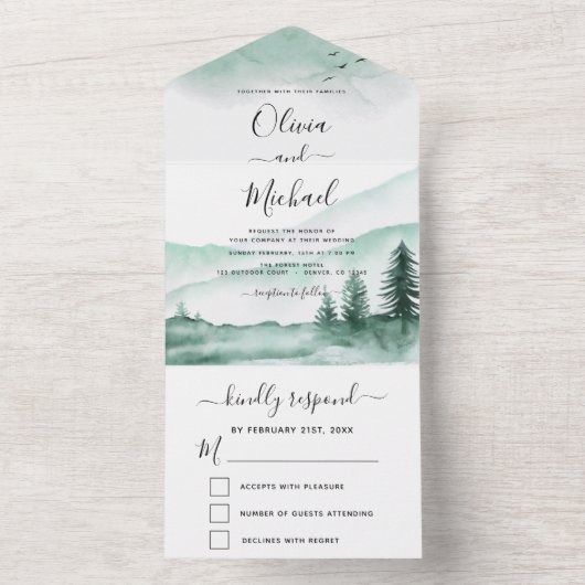 Berg Rustic Waterverf Greenery RSVP All In One Uitnodiging (Binnen)