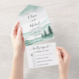 Berg Rustic Waterverf Greenery RSVP All In One Uitnodiging