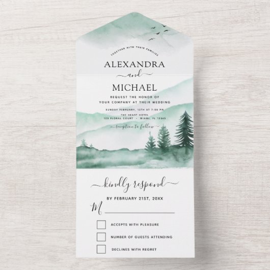 Berg Rustic Waterverf Greenery RSVP All In One Uitnodiging (Binnen)