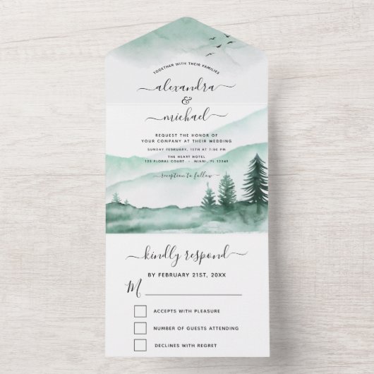 Berg Rustic Waterverf Greenery RSVP All In One Uitnodiging (Binnen)