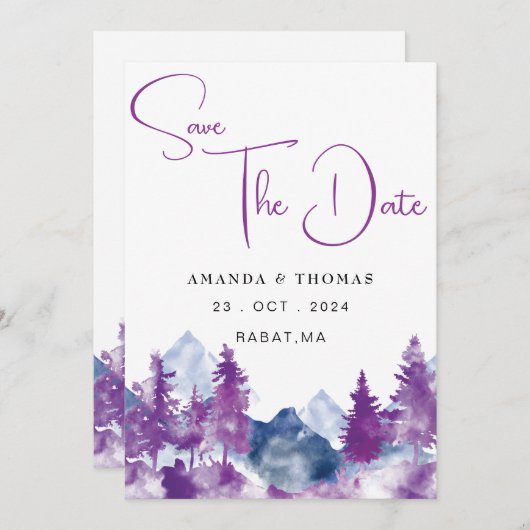 Berg Waterverf Elegant Rustiek Mauve Save The Date (Voorkant / Achterkant)