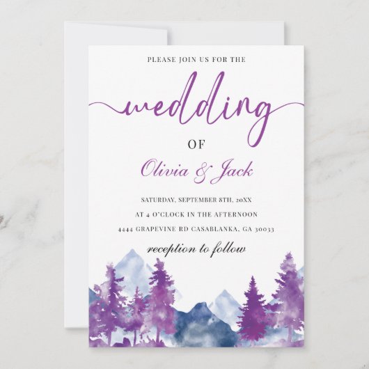 Berg Waterverf Elegante Rustieke Mauve Bruiloft Kaart (Voorkant)