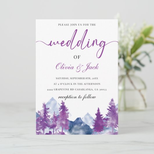 Berg Waterverf Elegante Rustieke Mauve Bruiloft Kaart (Staand voorkant)