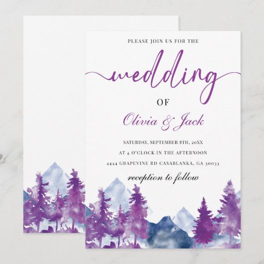 Berg Waterverf Elegante Rustieke Mauve Bruiloft Kaart (Voorkant / Achterkant)