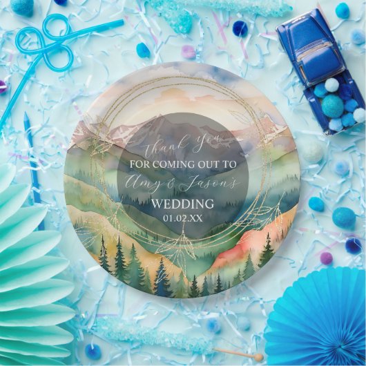 Berg Waterverf Landschap Bestemming Bruiloft Papieren Bordje (Feest)