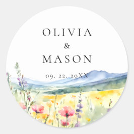 Berg Wilde Bloemen Weide Moderne Bloemige Bruiloft Ronde Sticker