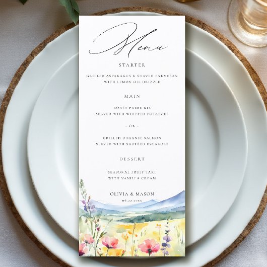Berg Wilde Bloemen Weide Moderne Bloemige Trouwdag Menu