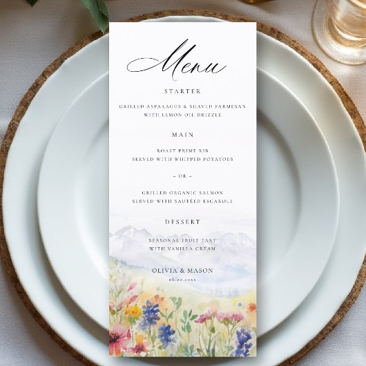 Berg Wilde Bloemen Weiland Whimsical Huwelijk Menu