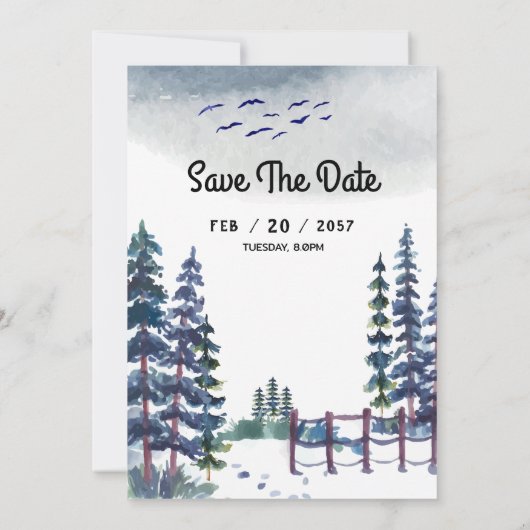 Berg Winter Bruiloft Kaart Save the Date (Achterkant)