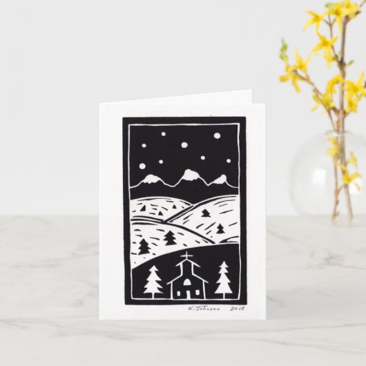 Berg Winter Linocut Kaart (Gele Bloem)