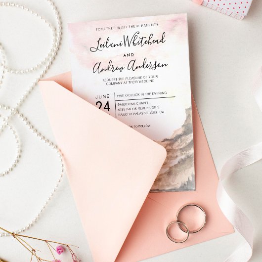 Bergachtig landschap waterverf roze lucht bruiloft kaart