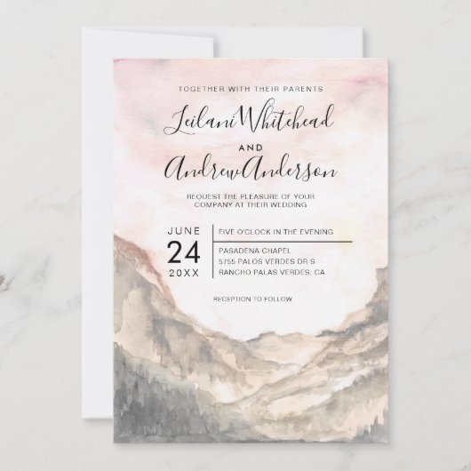 Bergachtig landschap waterverf roze lucht bruiloft kaart (Voorkant)