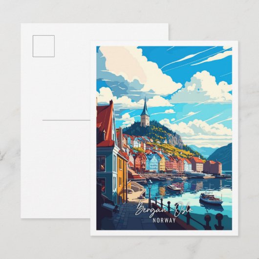 Bergan Oslo Noorwegen Kunst vintage reisillustrati Briefkaart (Voorkant / Achterkant)