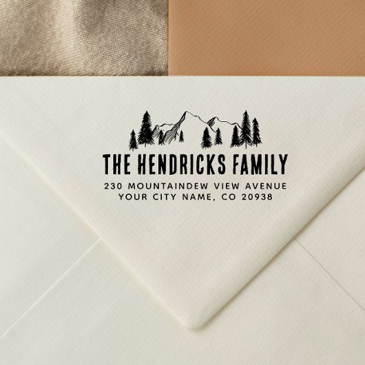 Bergbanden en bijtbomen Rustic Sketch Return Addre Zelfinktende Stempel