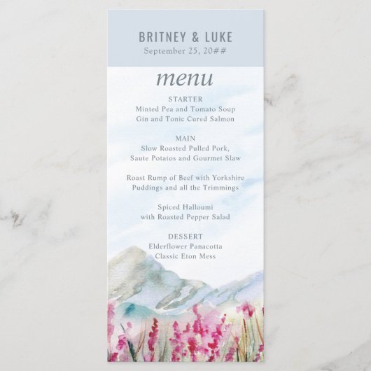 BergbeemdWaterverf Dusty Blue Wedding Menu (Voorkant)
