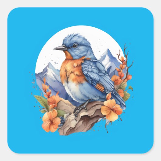 Bergblauwe vogel zittend op tak vierkante sticker (Voorkant)