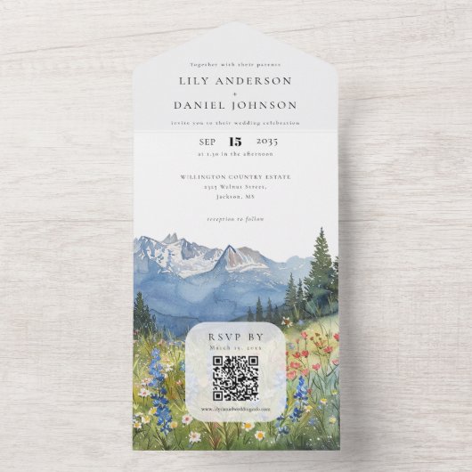 Bergbloemen Bloemencode QR-code Trouwen All In One Uitnodiging (Binnen)