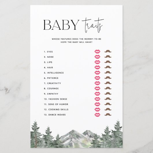 Bergbos Baby shower Baby Traits Game (Voorkant)