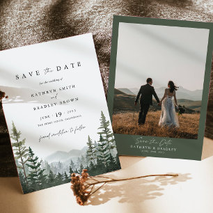 Bergbos Dennenfoto-achterkant Huwelijk Save The Date