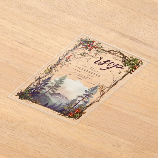 Bergbos Evergreen Tree Bruiloft Acryl Uitnodigingen (Laagn)