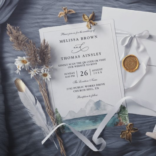 Bergbos Meer Boho Rustieke QR Code Huwelijk Kaart