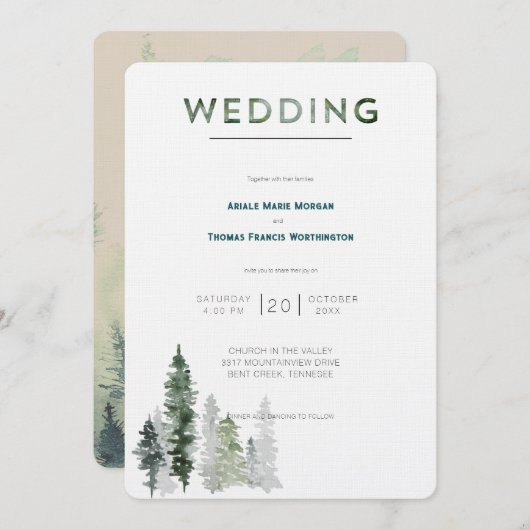 Bergbos Modern Wedding Kaart (Voorkant / Achterkant)