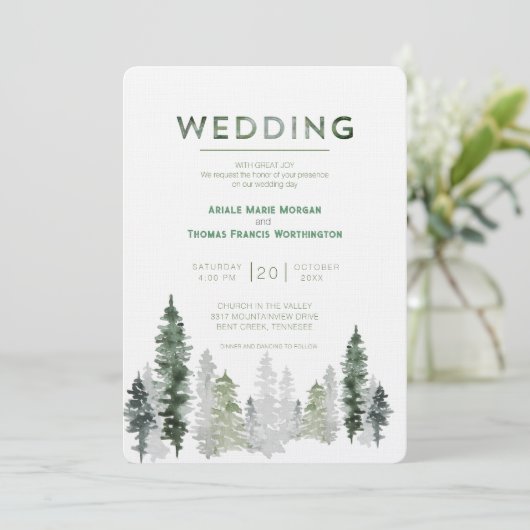 Bergbos Modern Wedding Kaart (Staand voorkant)