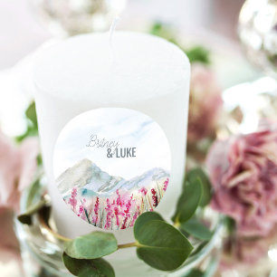 Bergbruiloft Aquarel Roze Wilde Bloemenweide Ronde Sticker